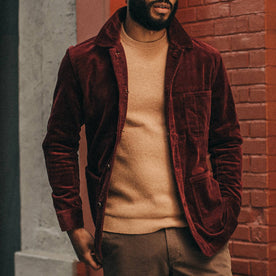 fit model wearing The Ojai Jacket in Burgundy Cord, hands in pockets