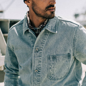 fit model wearing The Ojai Jacket in Washed Denim, cropped shot of chest