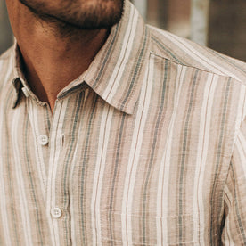fit model wearing The Short Sleeve California in Desert Shadow Stripe, cropped detail shot of chest