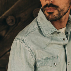 fit model wearing The Western Shirt in Washed Denim, shoulder detail