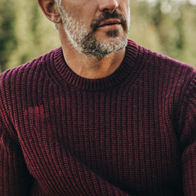 fit model wearing The Wharf Sweater in Burgundy close up of chest