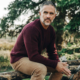 fit model wearing The Wharf Sweater in Burgundy looking right