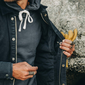 fit model wearing The Workhorse Jacket in Coal Boss Duck, pocket detail