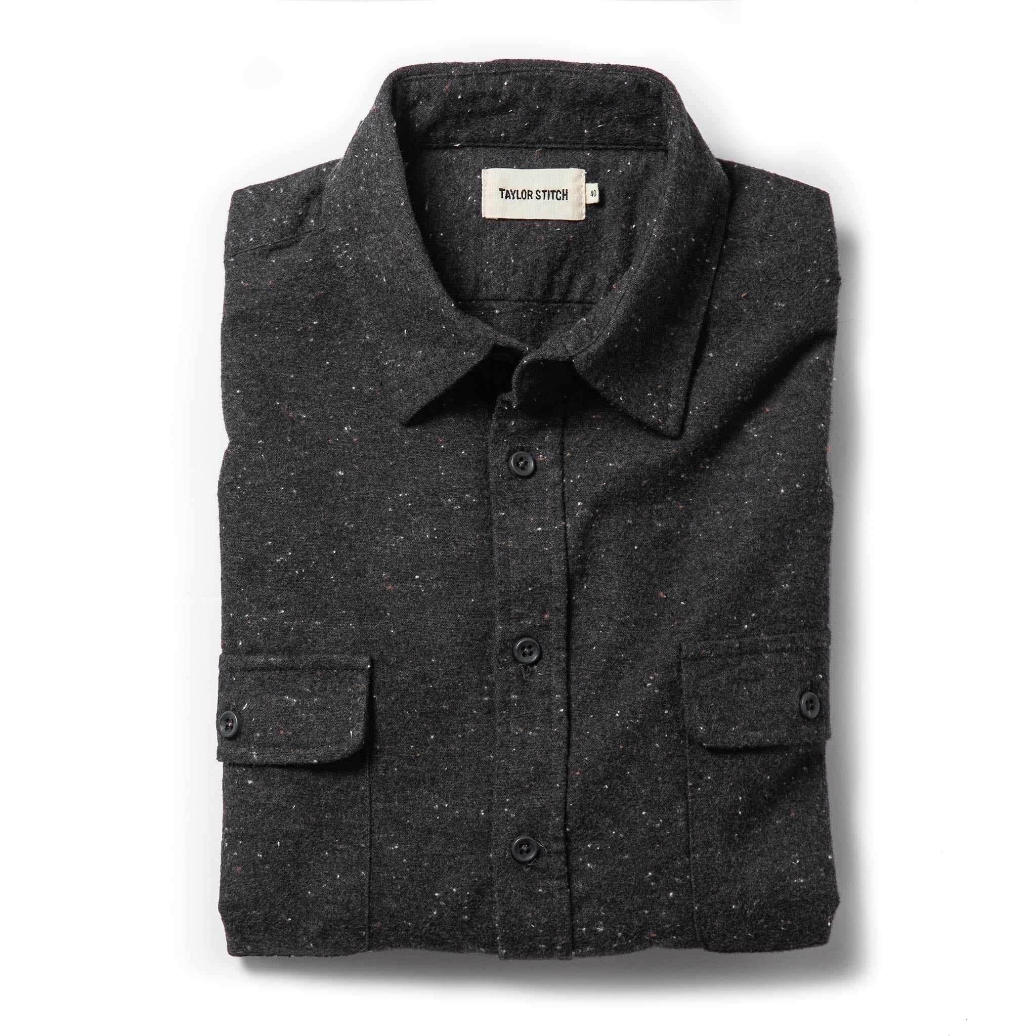 flatlay of The Yosemite Shirt in Charcoal Donegal, Wovens by Taylor Stitch