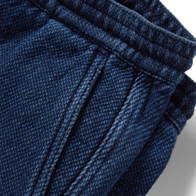 material shot of the pocket on The Apres Pant in Indigo Cross Dye