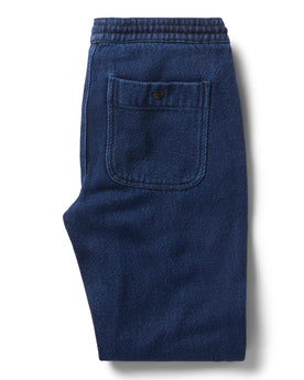 flatlay of the back of the The Apres Pant in Indigo Cross Dye folded, Bottoms by Taylor Stitch