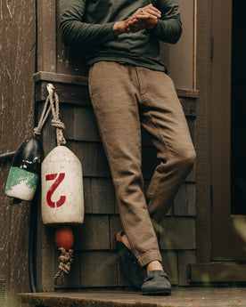 fit model wearing The Apres Pant in Cypress Sashiko, Bottoms by Taylor Stitch