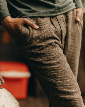 fit model with his legs crossed in The Apres Pant in Cypress Sashiko , Bottoms by Taylor Stitch