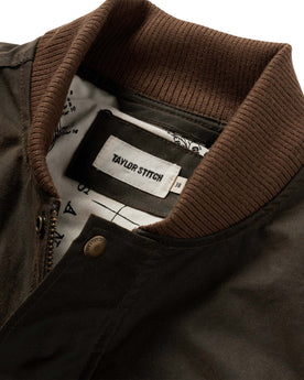 material shot of the ribbed collar on The Bomber Jacket in Bark EverWax, Outerwear by Taylor Stitch