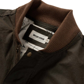 material shot of the ribbed collar on The Bomber Jacket in Bark EverWax