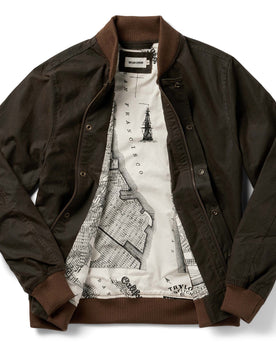 flatlay of The Bomber Jacket in Bark EverWax, shown open, Outerwear by Taylor Stitch