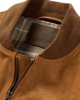 material shot of the ribbed collar on The Bomber Jacket in Sierra Suede, Outerwear by Taylor Stitch