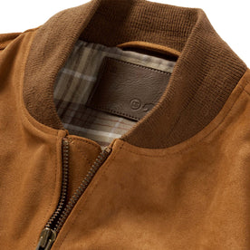 material shot of the ribbed collar on The Bomber Jacket in Sierra Suede