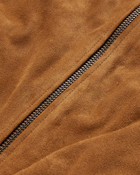 material shot of the zipper on The Bomber Jacket in Sierra Suede, Outerwear by Taylor Stitch