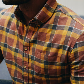 fit model showing collar detail on The California in Trolley Plaid