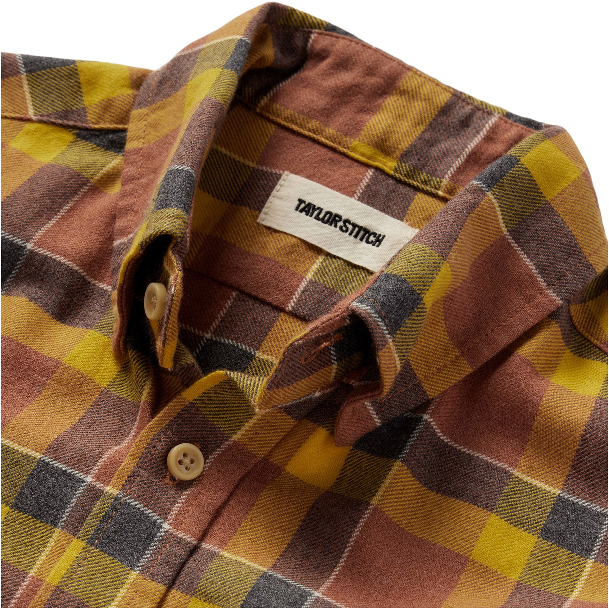 material shot of the collar on The California in Trolley Plaid, Wovens by Taylor Stitch