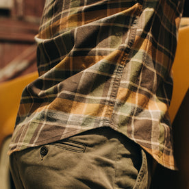 fit model showing cuff detailing on The California in Zephyr Plaid