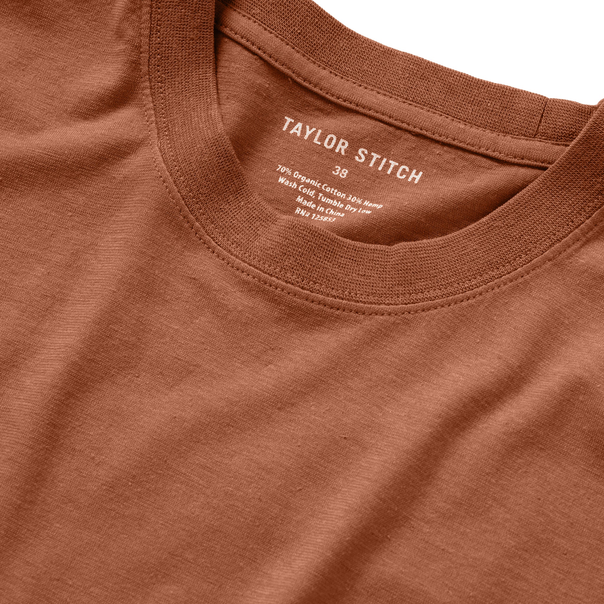 material shot of the collar on The Cotton Hemp Tee in Copper, Knits by Taylor Stitch