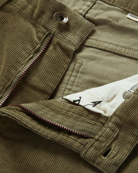 material shot of the zip fly on The Democratic All Day Pant in Cypress Cord, Bottoms by Taylor Stitch