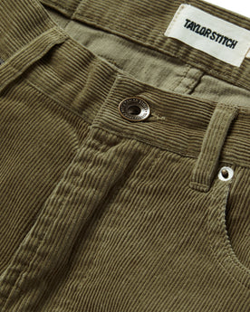 material shot of the button fly on The Democratic All Day Pant in Cypress Cord, Bottoms by Taylor Stitch
