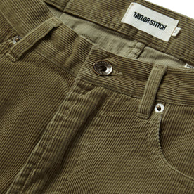 material shot of the button fly on The Democratic All Day Pant in Cypress Cord