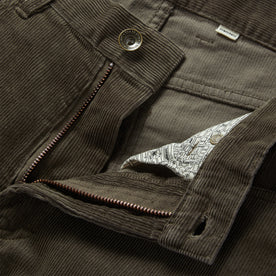 material shot of the zip fly on The Democratic All Day Pant in Walnut Cord