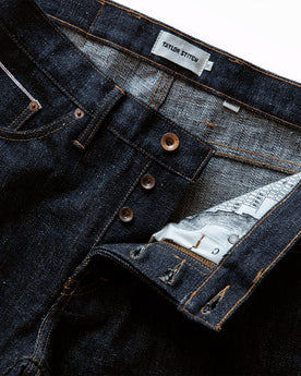 material shot of button fly on The Democratic Jean in Umeda Selvage, Bottoms by Taylor Stitch