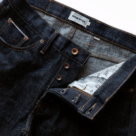 material shot of button fly on The Democratic Jean in Umeda Selvage