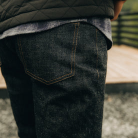 fit model showing back pocket of The Democratic Jean in Umeda Selvage