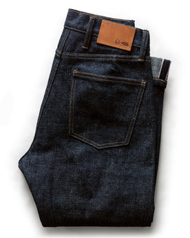 material shot of the back of The Democratic Jean in Umeda Selvage folded, Bottoms by Taylor Stitch