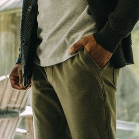 fit model standing in The Fillmore Pant in Cypress Terry