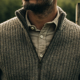 fit model showing zip detail on The Fisherman Full-Zip in Taupe