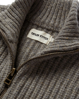 material shot of the collar on The Fisherman Full-Zip in Taupe, Knits by Taylor Stitch