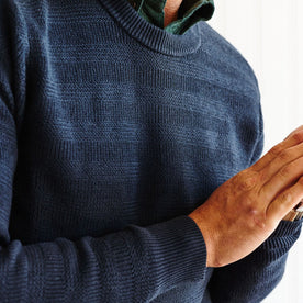fit model showing details on The Hugo Sweater in Navy