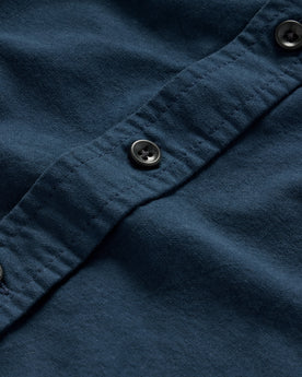 material shot of the buttons on The Jack in Prussian Blue Oxford, Wovens by Taylor Stitch