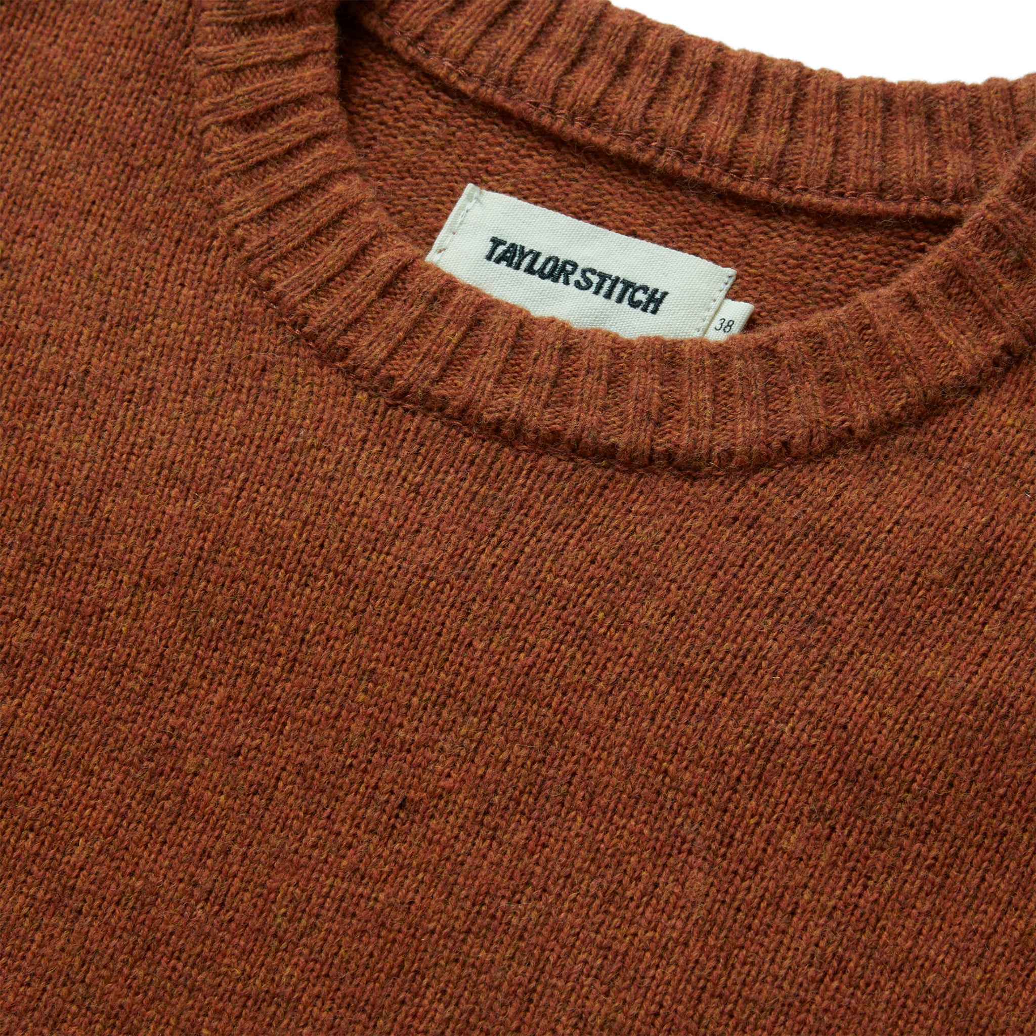material shot of the collar on The Lodge Sweater in Rust, Knits by Taylor Stitch