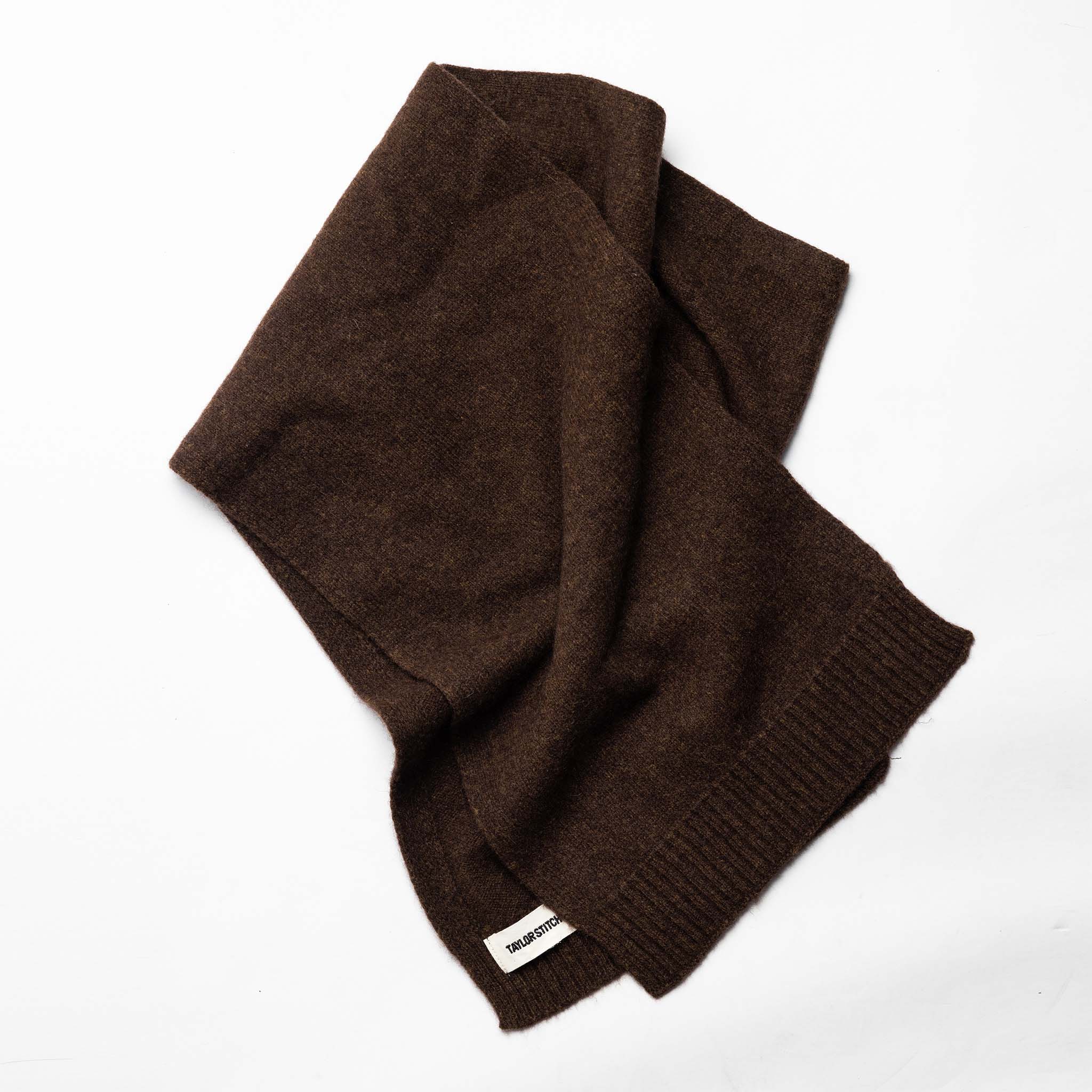flatlay of The Lodge Scarf in Coffee, shown folded, Accessories by Taylor Stitch