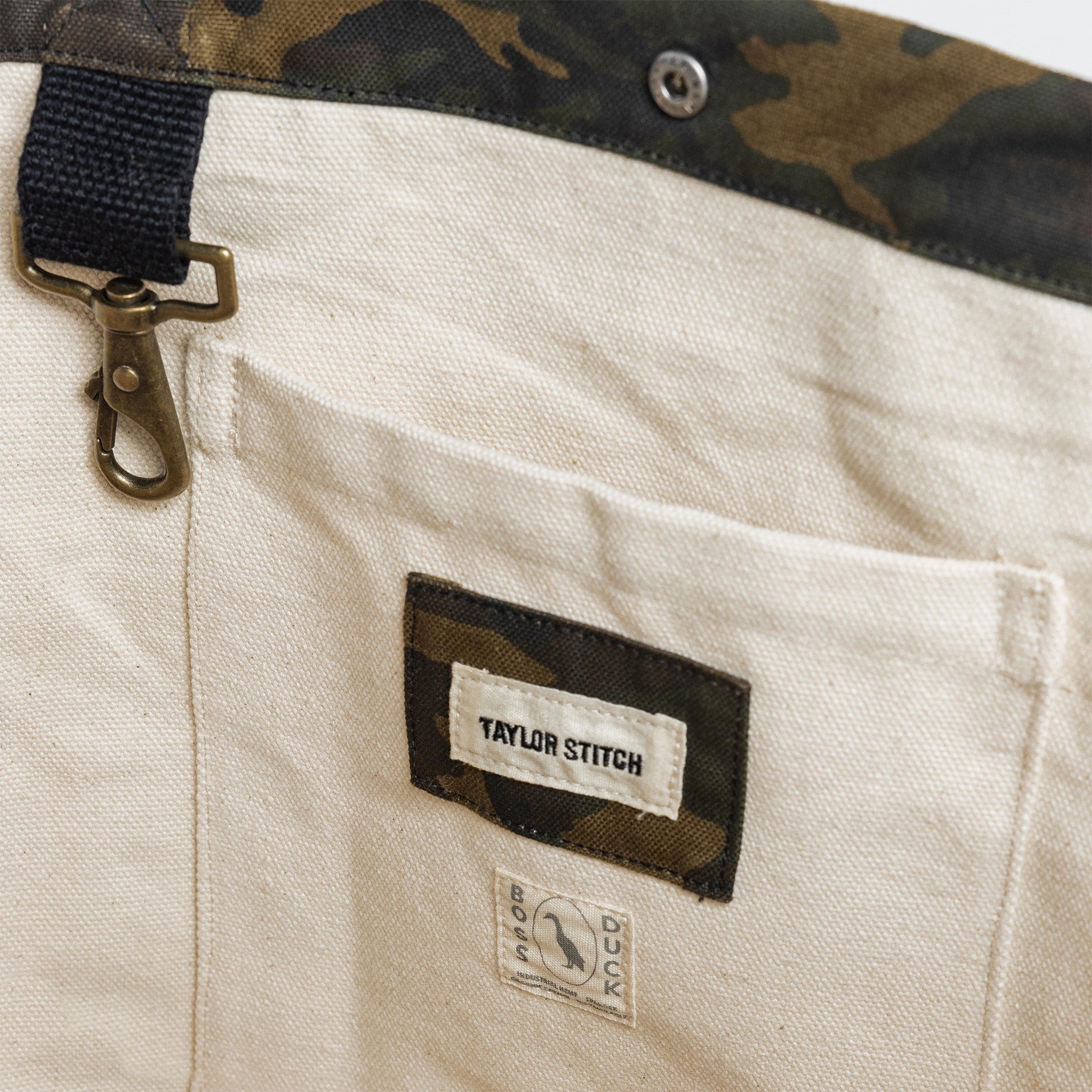 material shot of the internal pocket in The Market Tote in Camo Boss Duck, Accessories by Taylor Stitch
