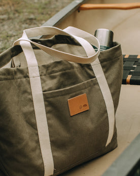 flatlay of The Market Tote in Stone Boss Duck outdoors, Accessories by Taylor Stitch