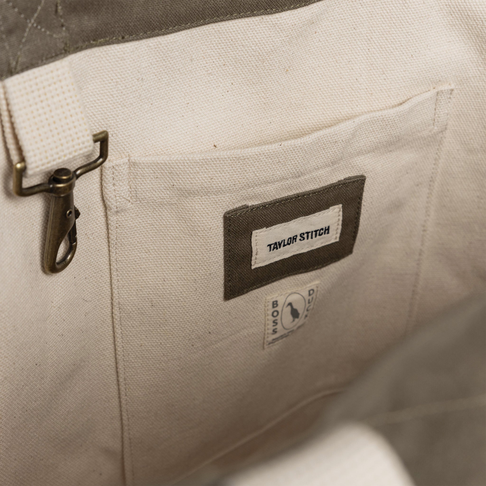 material shot of the internal pocket in The Market Tote in Stone Boss Duck, Accessories by Taylor Stitch