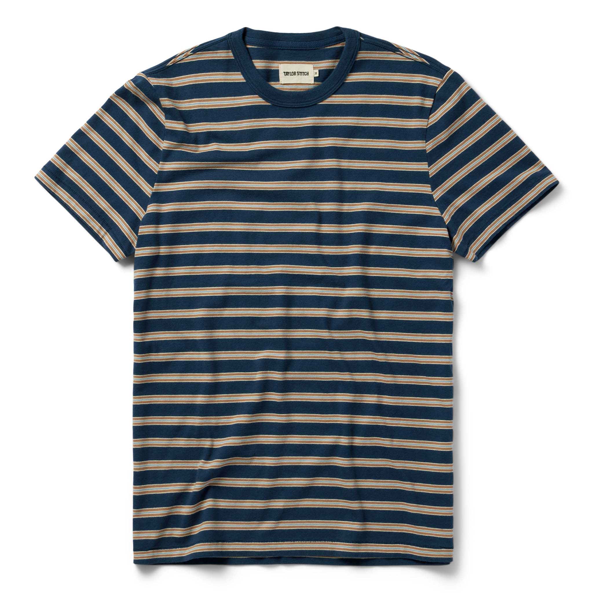 flatlay of The Organic Cotton Tee in Deep Sea Stripe, Knits by Taylor Stitch