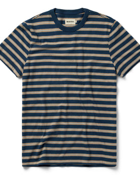 flatlay of The Organic Cotton Tee in Deep Sea Stripe, Knits by Taylor Stitch