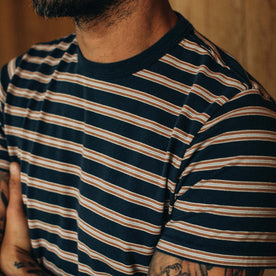 fit model showing the collar details on The Organic Cotton Tee in Deep Sea Stripe