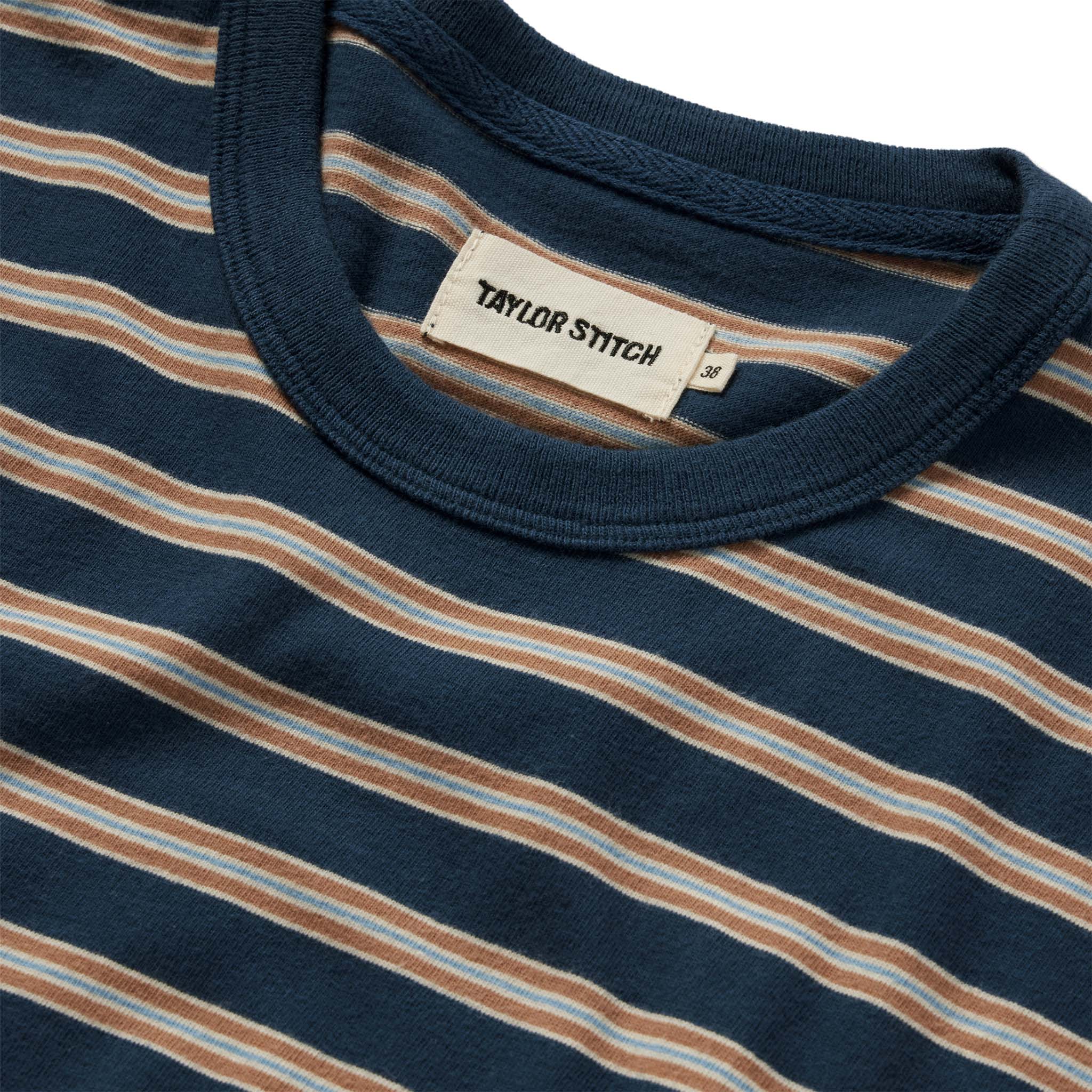 material shot of the collar on The Organic Cotton Tee in Deep Sea Stripe, Knits by Taylor Stitch