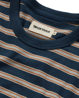 material shot of the collar on The Organic Cotton Tee in Deep Sea Stripe, Knits by Taylor Stitch