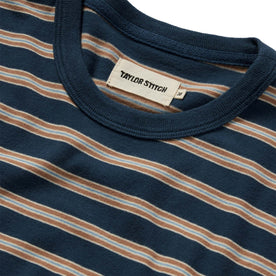 material shot of the collar on The Organic Cotton Tee in Deep Sea Stripe