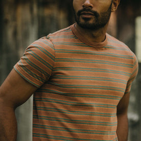 fit model showing the top detail on The Organic Cotton Tee in Sahara Stripe