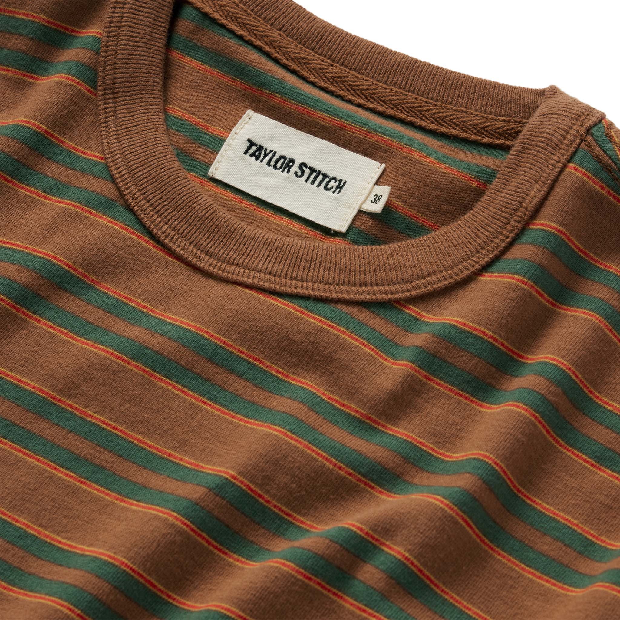 material shot of the collar on The Organic Cotton Tee in Sahara Stripe, Knits by Taylor Stitch