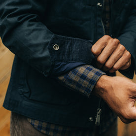 fit model showing corduroy detail on The Pathfinder Jacket in Navy Dry Wax