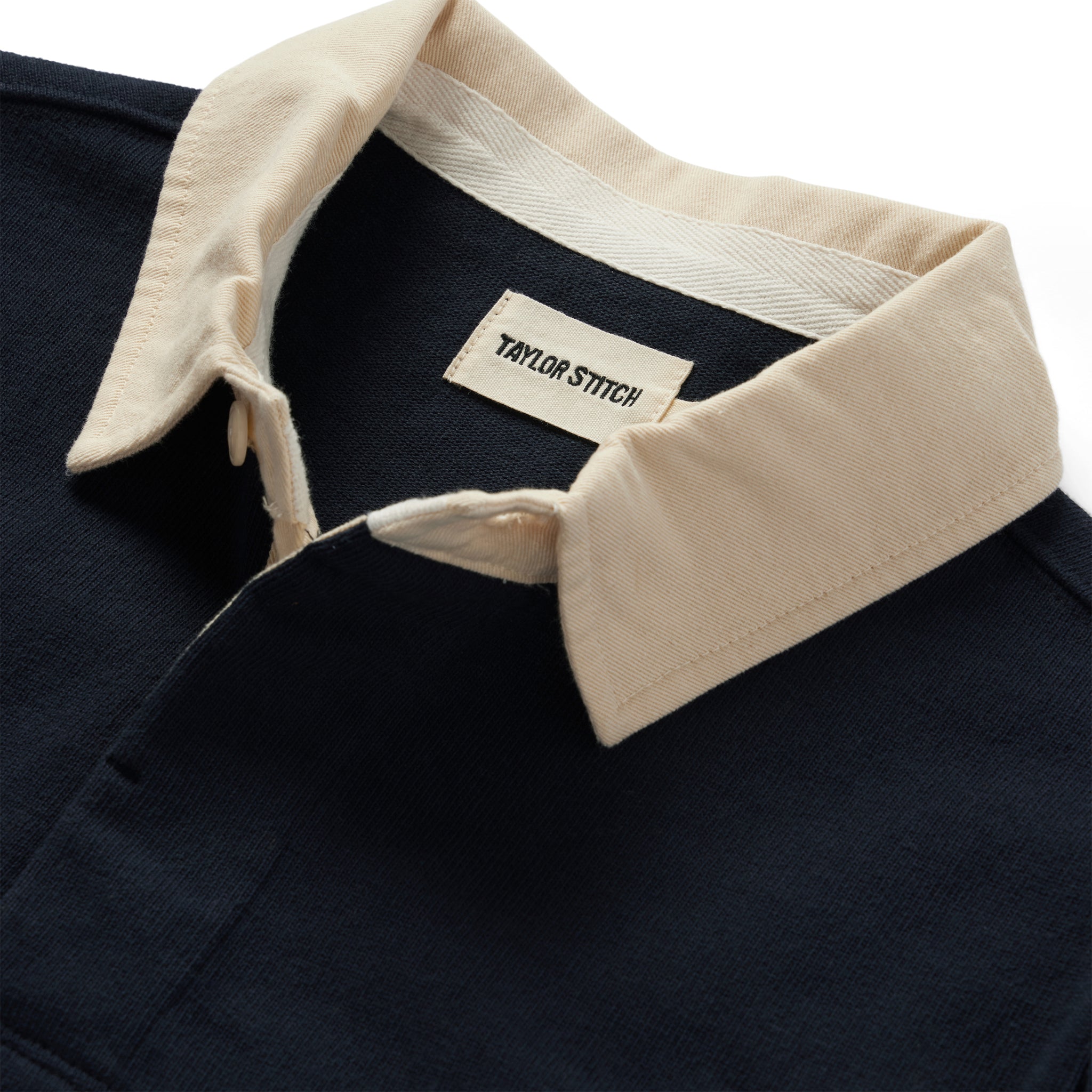 material shot of the collar on The Rugby Shirt in Dark Navy, Knits by Taylor Stitch